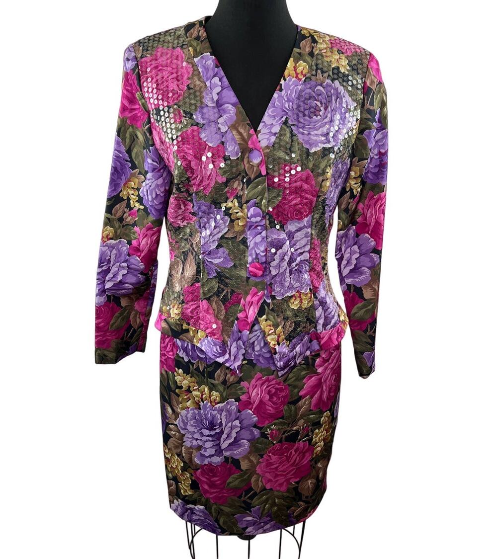 VTG 80s Pantagis Bold Pink Purple Floral Sequin Blazer Jacket Skirt Set USA 7-8
